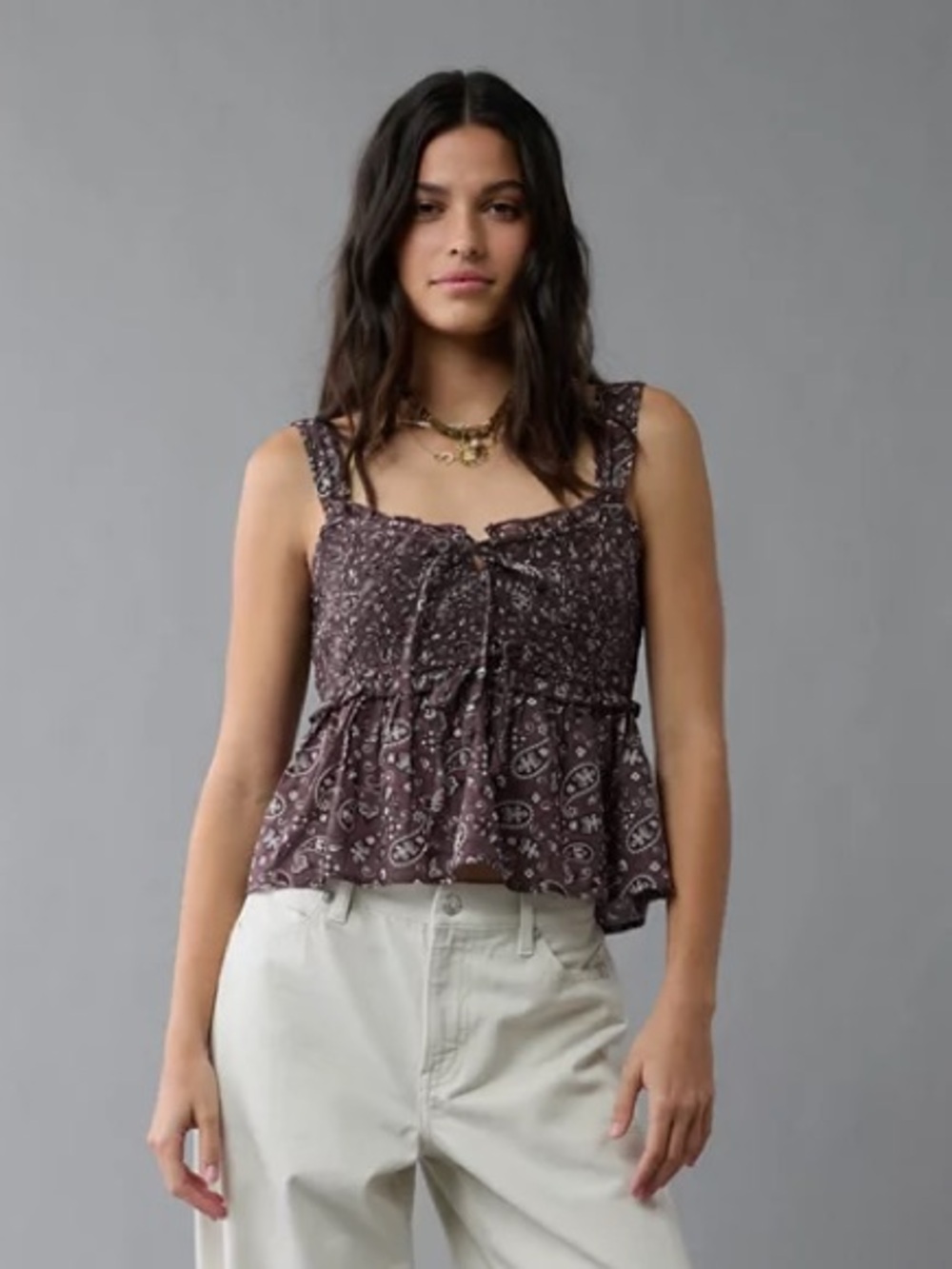 American Eagle Outfitters Brown Printed Ruffle Tank Top